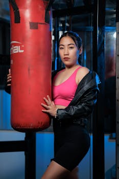 Confident athletic woman in gym attire poses with a red punching bag indoors.