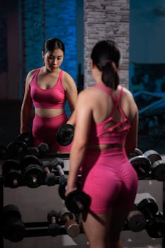 A woman in pink workout attire lifting dumbbells in a gym, focusing on strength training.