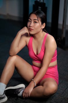 Young woman sitting on gym floor in pink activewear, resting post-workout, looking confident.