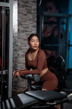 A young woman in brown activewear sitting on gym equipment, looking focused.