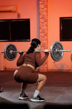 Female athlete squatting with a barbell in a fitness gym, showcasing strength and determination.