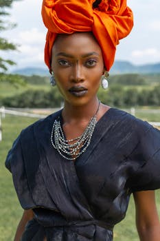 Stylish woman in a bold orange headwrap and black dress posing outdoors.