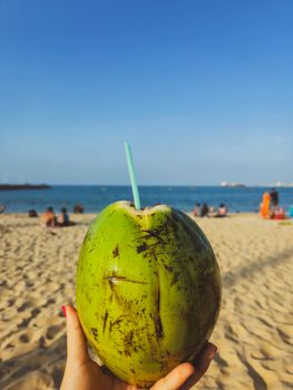 Enjoy a refreshing coconut drink on a sunny beach day, with blue skies and ocean views.
