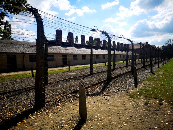 Gard de sârmă ghimpată la Auschwitz-Birkenau, cu barăci în fundal