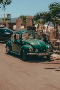 Classic green beetle car parked on a sunny street with palms and a beach view.