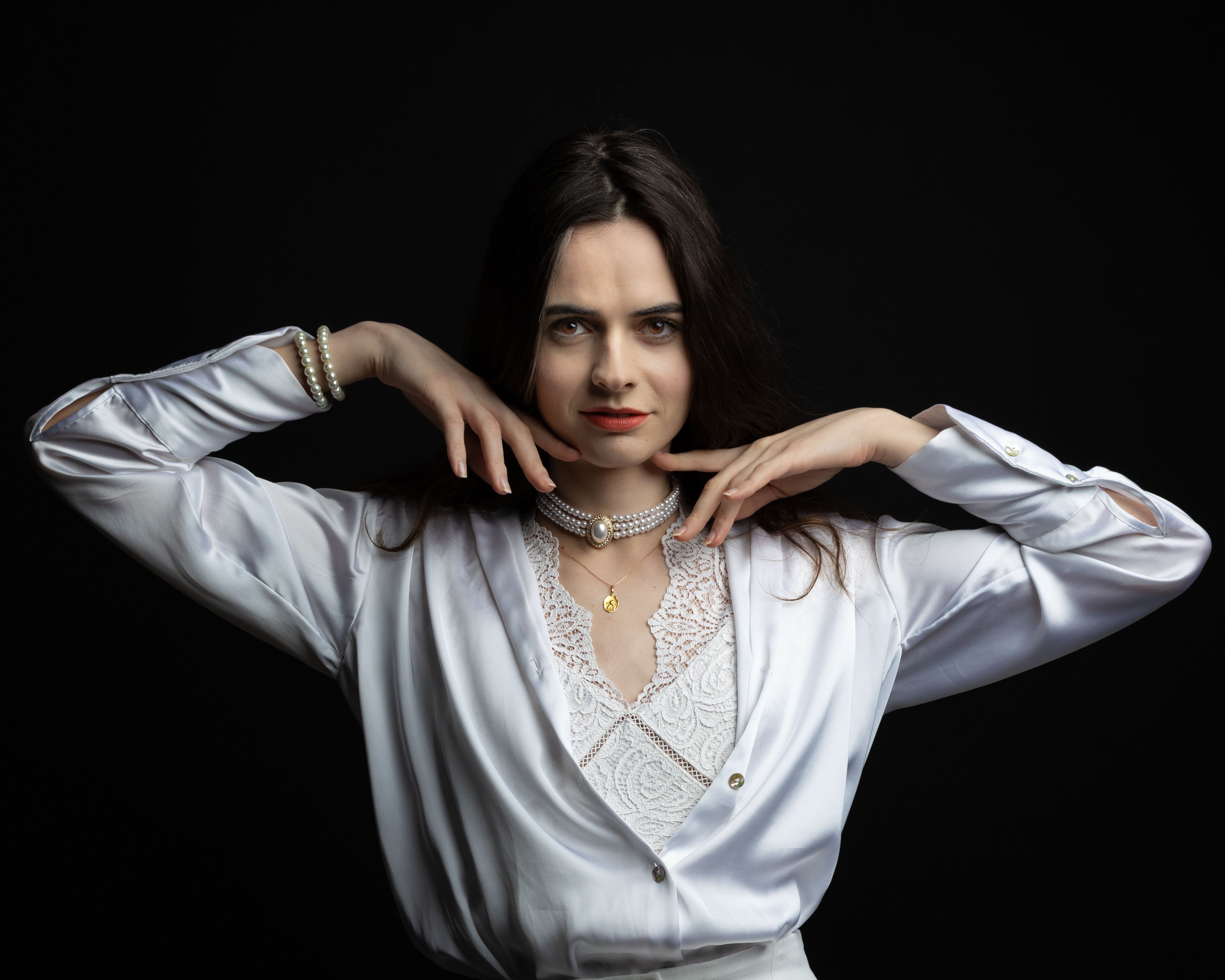 Elegant Woman Posing in White Silk Shirt · Free Stock Photo