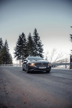 A Mercedes-Benz car on an asphalt road in Ilidža, Bosnia, surrounded by a scenic forest view.