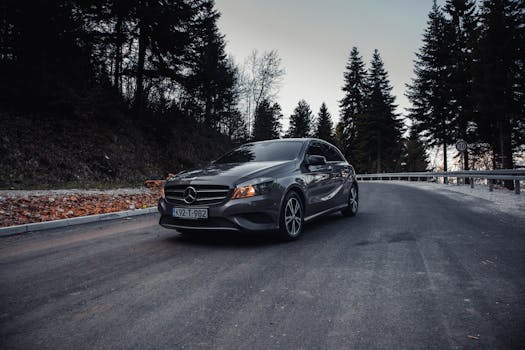Cinematic shot of Mercedes-Benz on an asphalt road in Ilidža forest area.