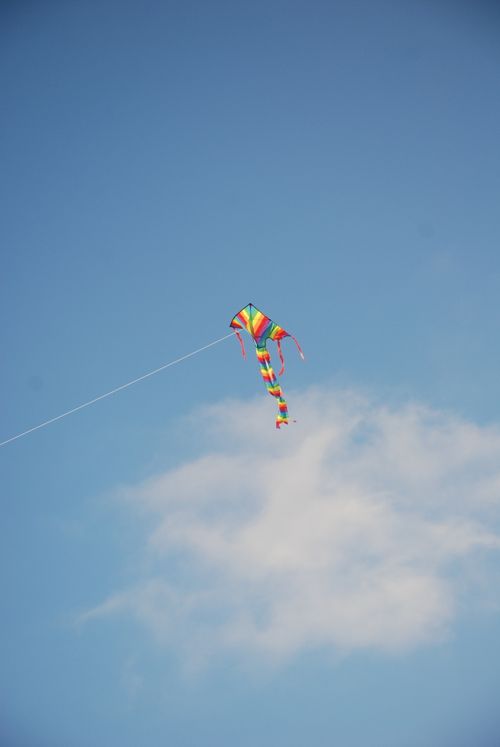 Free A vibrant kite with rainbow stripes soaring against a clear blue sky in Oostende, Belgium. Stock Photo