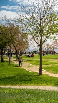 A lively park scene with people enjoying a sunny day outdoors.