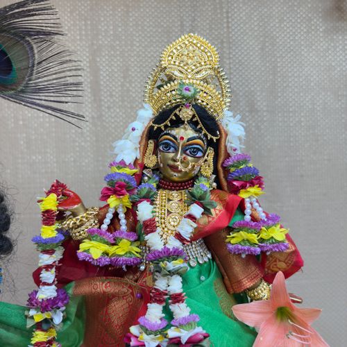 Free Intricately adorned Hindu deity figurine surrounded by vibrant floral garlands. Stock Photo