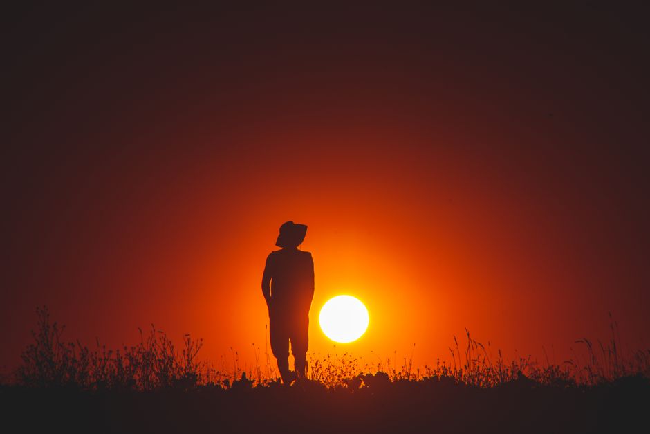A captivating silhouette of a person in a field during a majestic sunset, casting a warm glow.