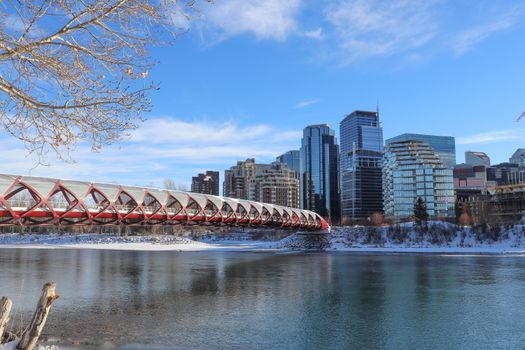 A winter scene of the Peace Bridge over Bow River with Calgary skyline.