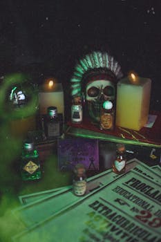 蜡烛、头骨和神秘的药水，营造出令人毛骨悚然的完美万圣节气氛