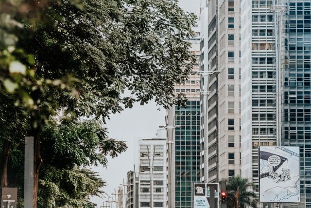 View of a contemporary urban street lined with tall modern skyscrapers and lush trees.