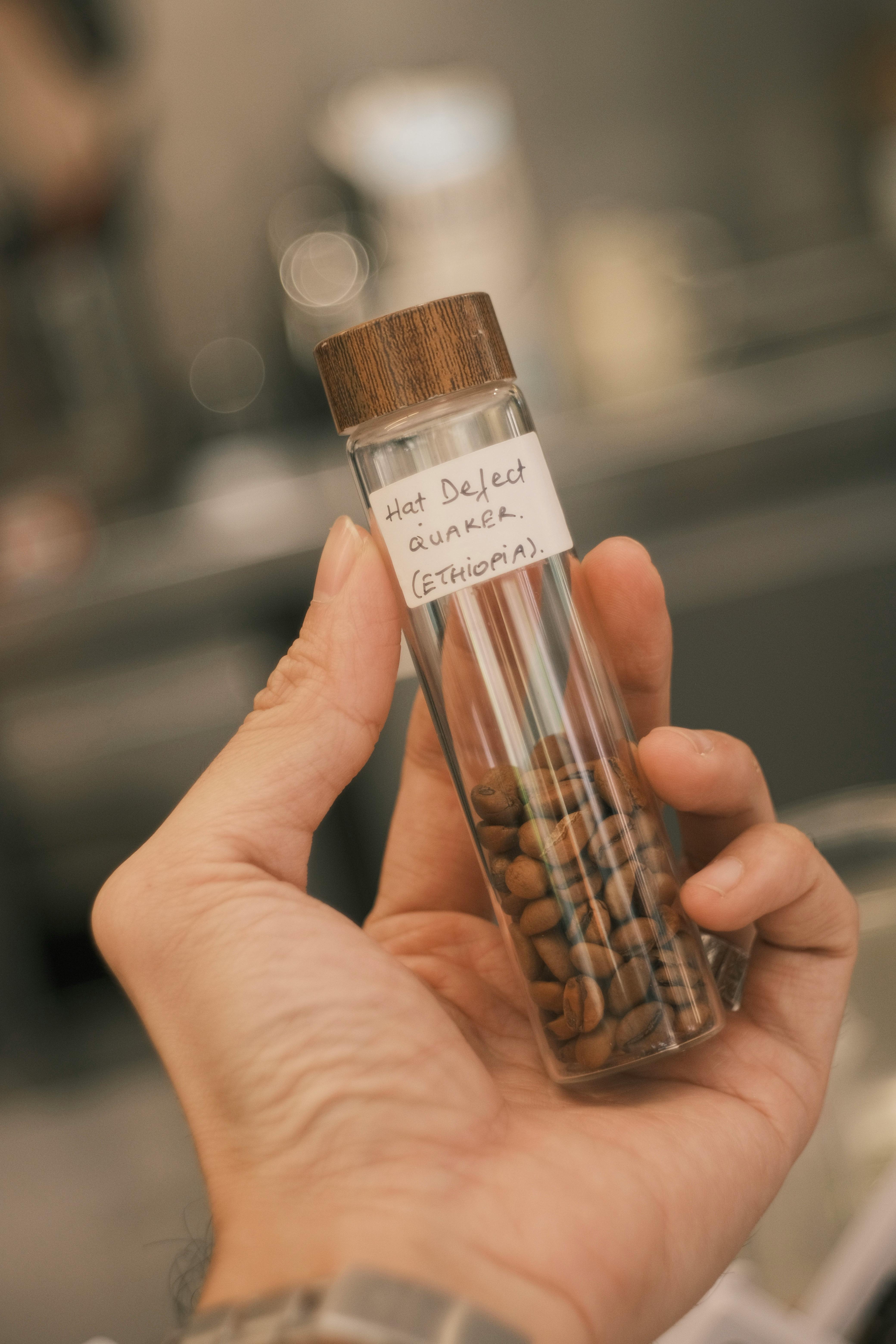 Person holding a glass vial with Ethiopian coffee beans labeled for quality testing.