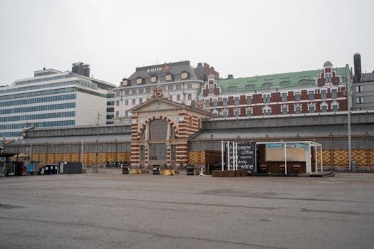 View of Helsinki's historic market hall showcasing Nordic architecture and cityscape.