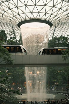 Indoor waterfall with skytrain at Jewel Changi Airport, Singapore.