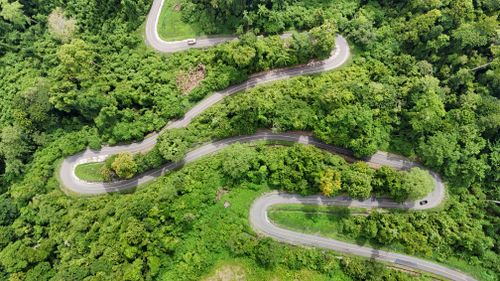 Free Aerial view of a winding road through dense green forest in West Papua, Indonesia. Stock Photo