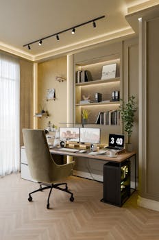 Modern home office with dual monitors, elegant decor, and stylish furniture in Romania.