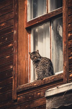 A tabby cat sits on a wooden window ledge in a rustic Istanbul setting.