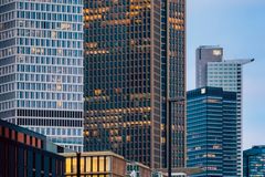 A stunning view of Frankfurt's skyscrapers at twilight, capturing the city's modern architecture.