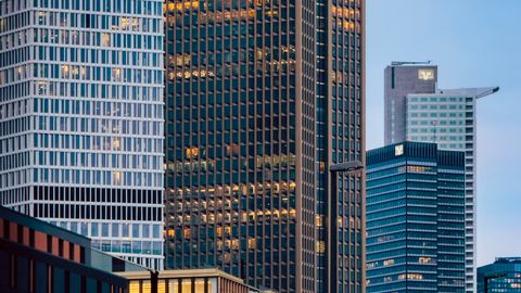 A stunning view of Frankfurt's skyscrapers at twilight, capturing the city's modern architecture.