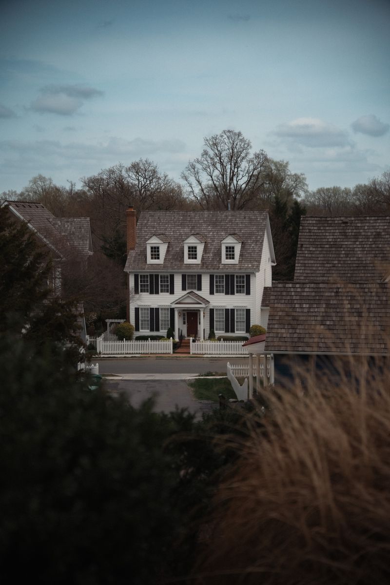 Colonial-style single-family home with a covered entry and mature front planting