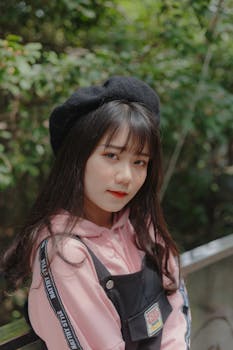 一位身着休闲服、头戴贝雷帽的女性肖像，背景是郁郁葱葱的绿色