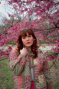 Fashionable woman poses amid pink cherry blossoms in Central Park, New York.