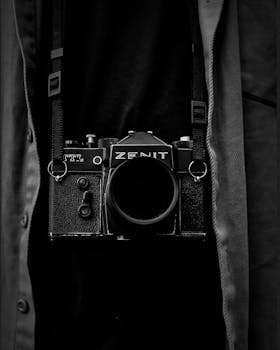 Monochrome photo of a vintage Zenit camera hanging around a neck, evoking nostalgia.