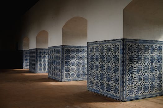 Baroque-style azulejo tiles in an old monastery in Tomar, Portugal.