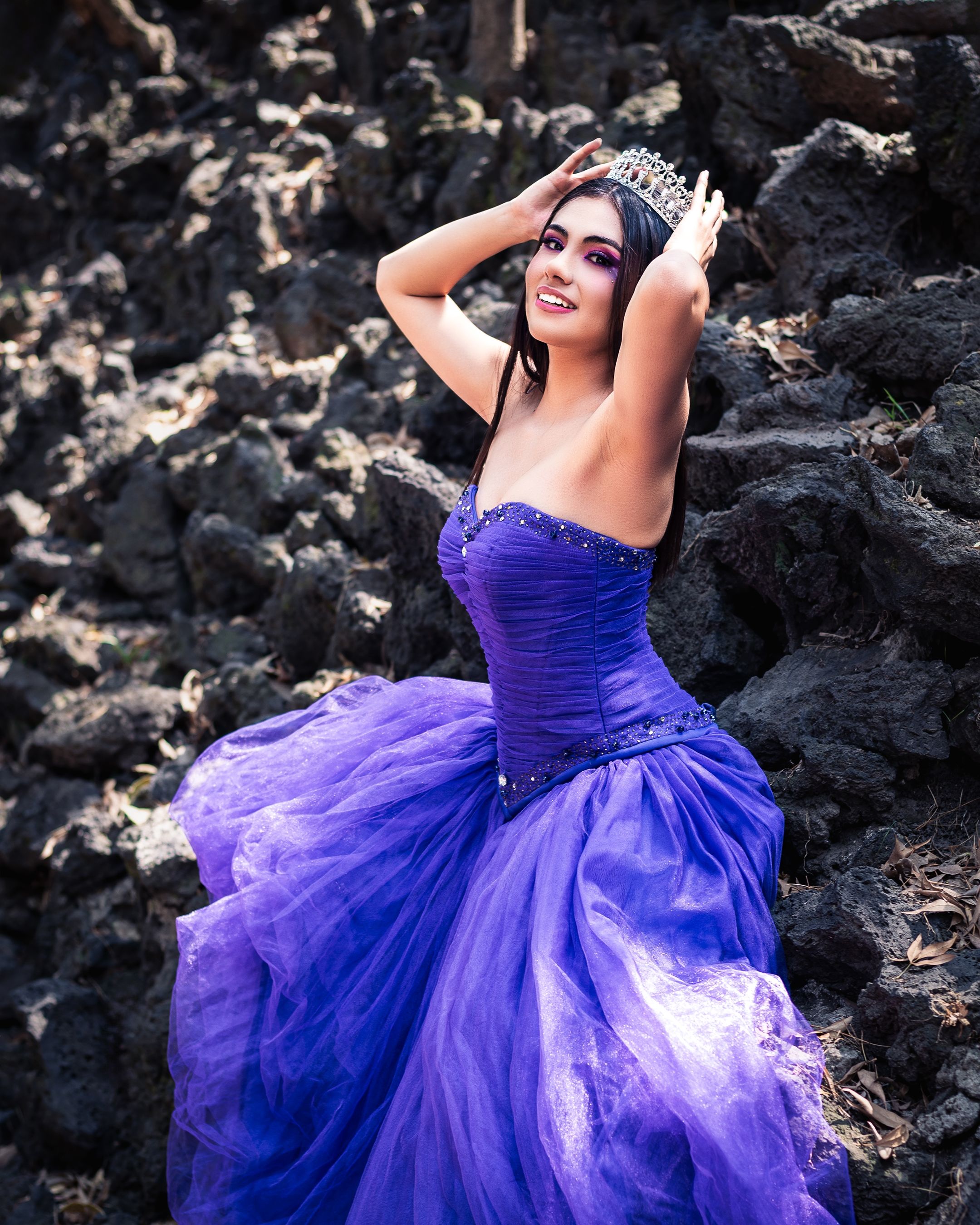 Elegant Woman in Purple Gown with Crown Outdoors · Free Stock Photo