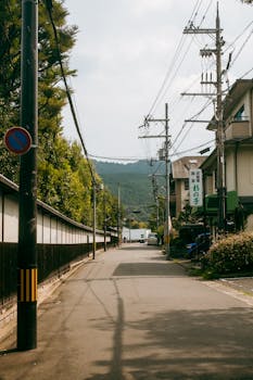 Serene street view in Kyoto, Japan with lush trees and traditional architecture.