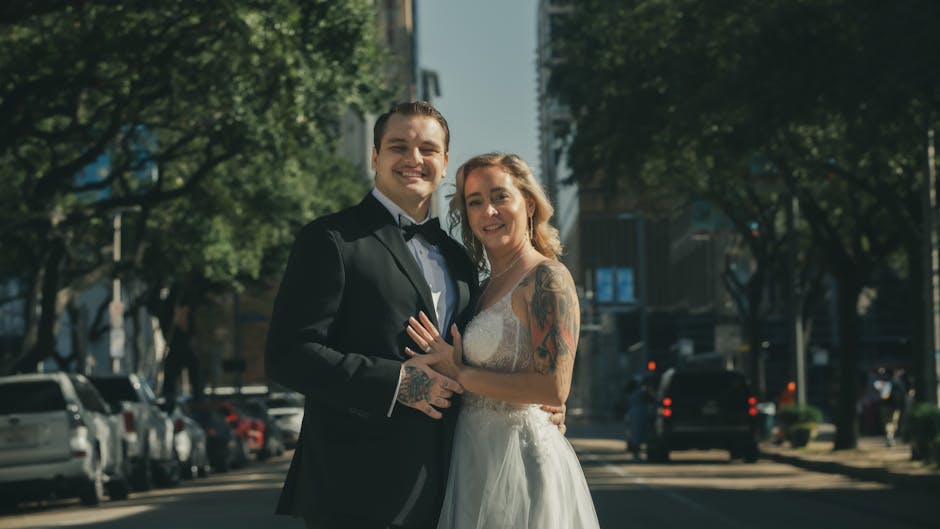 Bride and groom on a sunny Houston street.
