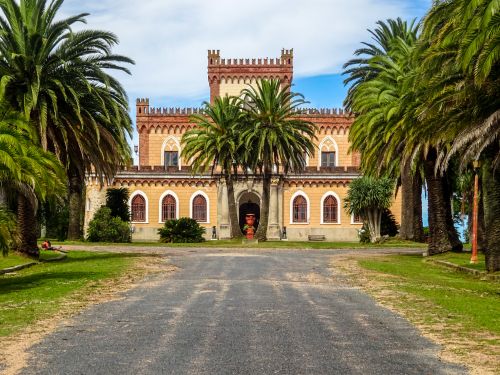 Free Front view of a historic castle surrounded by palm trees in Piriápolis, Uruguay. Stock Photo