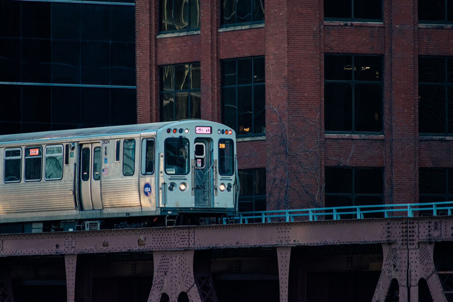 Chicago L Train moving past urban buildings on an elevated track, showcasing city life and transportation.