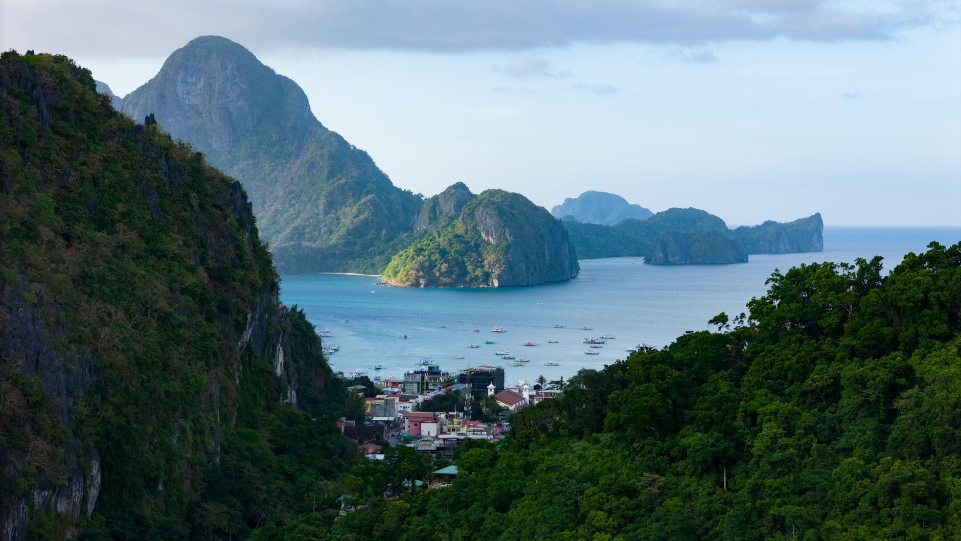 Drone view of karst peaks and sea in El Nido, Palawan, Philippines.