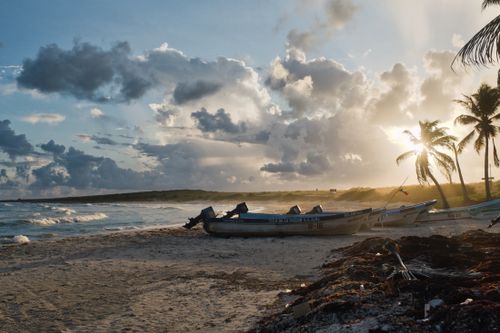 Free Peaceful beach with fishing boats, palm trees, and a stunning sunrise view over the ocean. Stock Photo