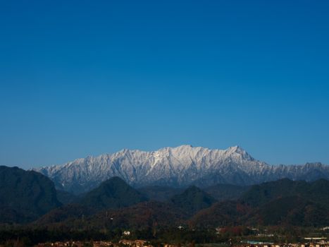 Majestic snow-capped mountains under a clear blue sky, perfect for landscape enthusiasts.