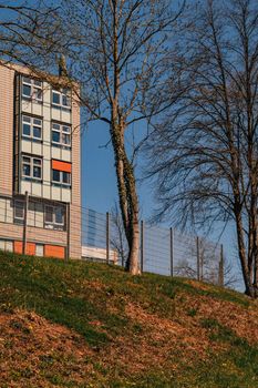 A modern urban building beside leafless trees under clear blue skies, capturing a peaceful urban scene.