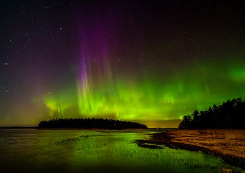 Free Vivid aurora borealis over shoreline in Askainen, Finland, showcasing green and purple hues under a starry night sky. Stock Photo