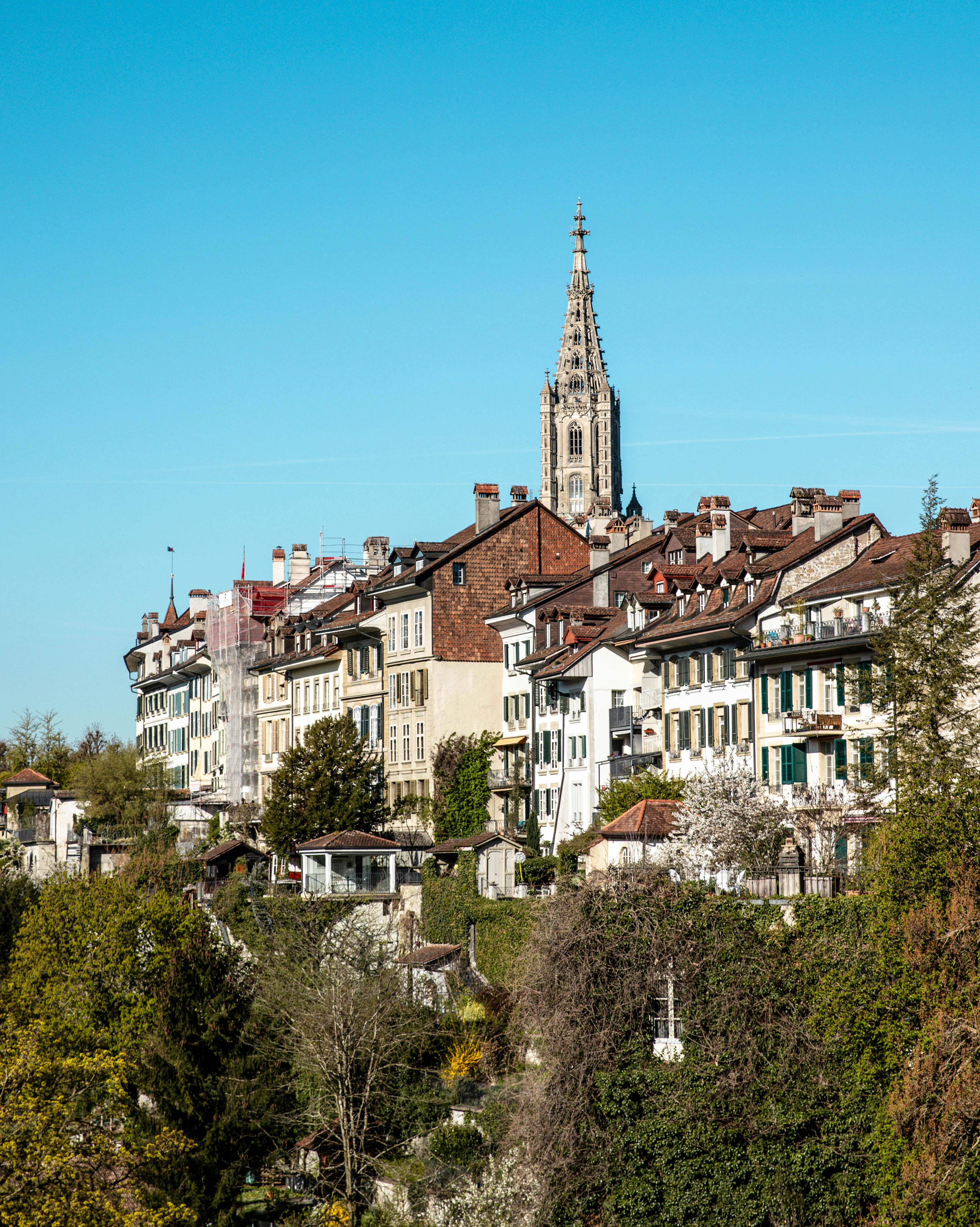 Panoramic view of Bern, Switzerland showcasing the iconic Bern Minster and historic buildings in vibrant springtime.