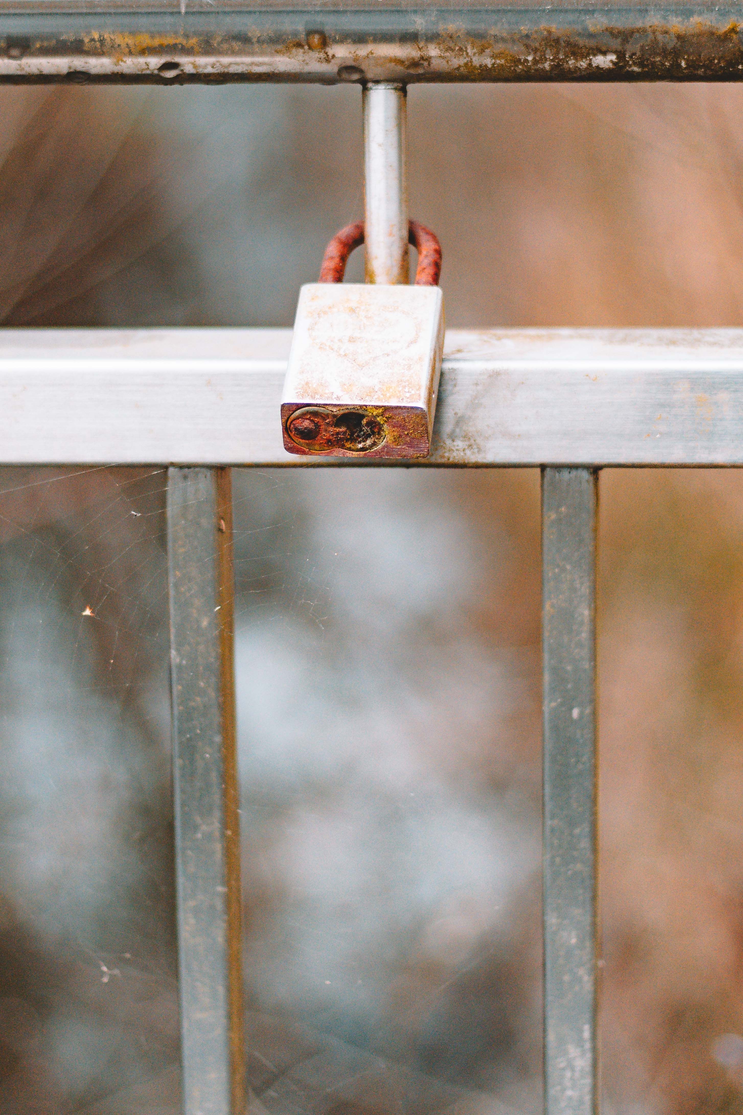 Fotomural Acercamiento de un candado oxidado en una valla de metal deteriorada, simbolizando seguridad y decadencia.