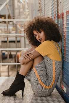 Fashionable portrait of a woman posing with a stylish afro hairstyle outdoors.