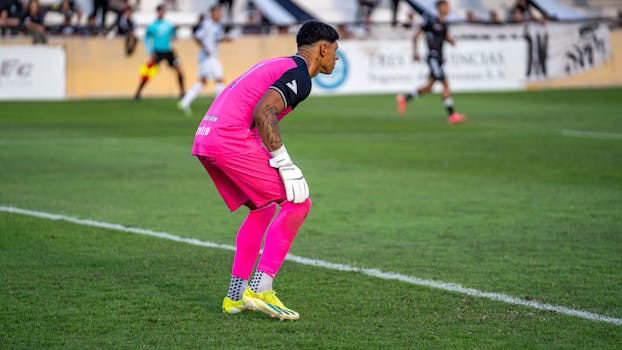 Soccer goalkeeper wearing pink kit in a match, showcasing focus and readiness.
