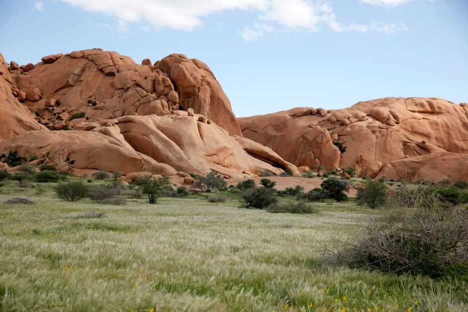 A breathtaking view of a rocky landscape with a lush meadow under a clear sky.