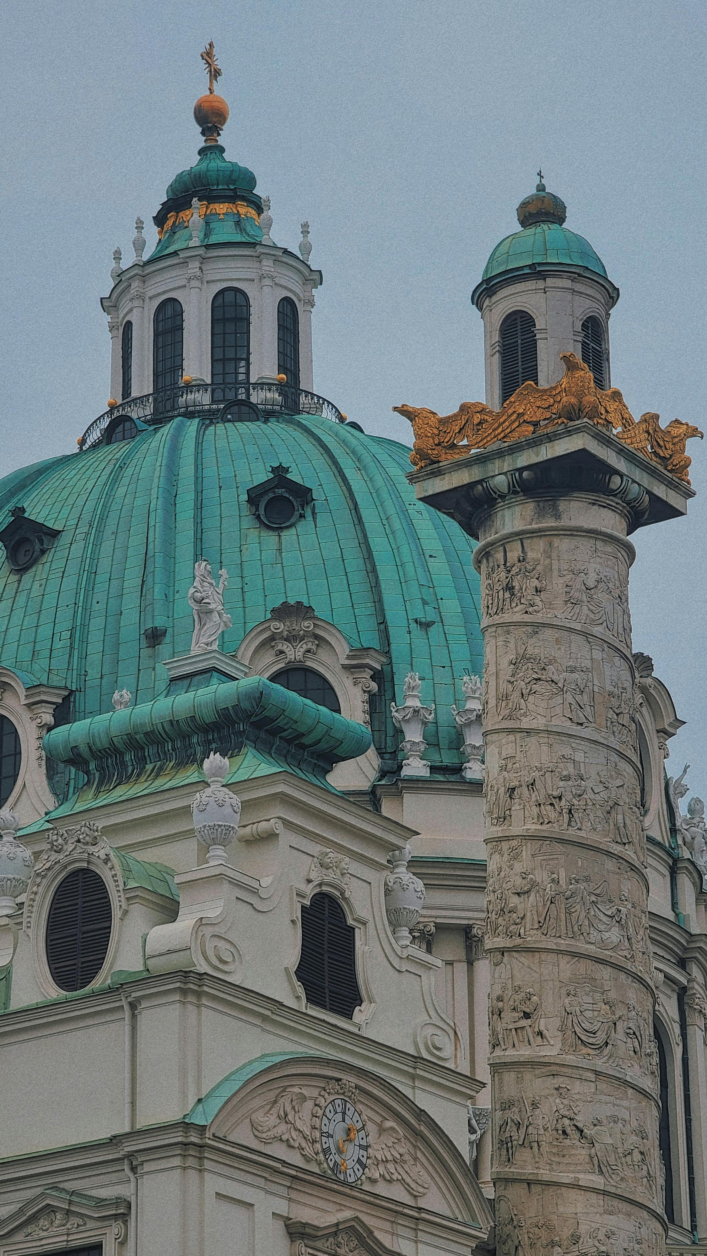 Captivating architecture of St. Charles Church with its iconic dome and column in Vienna, Austria.