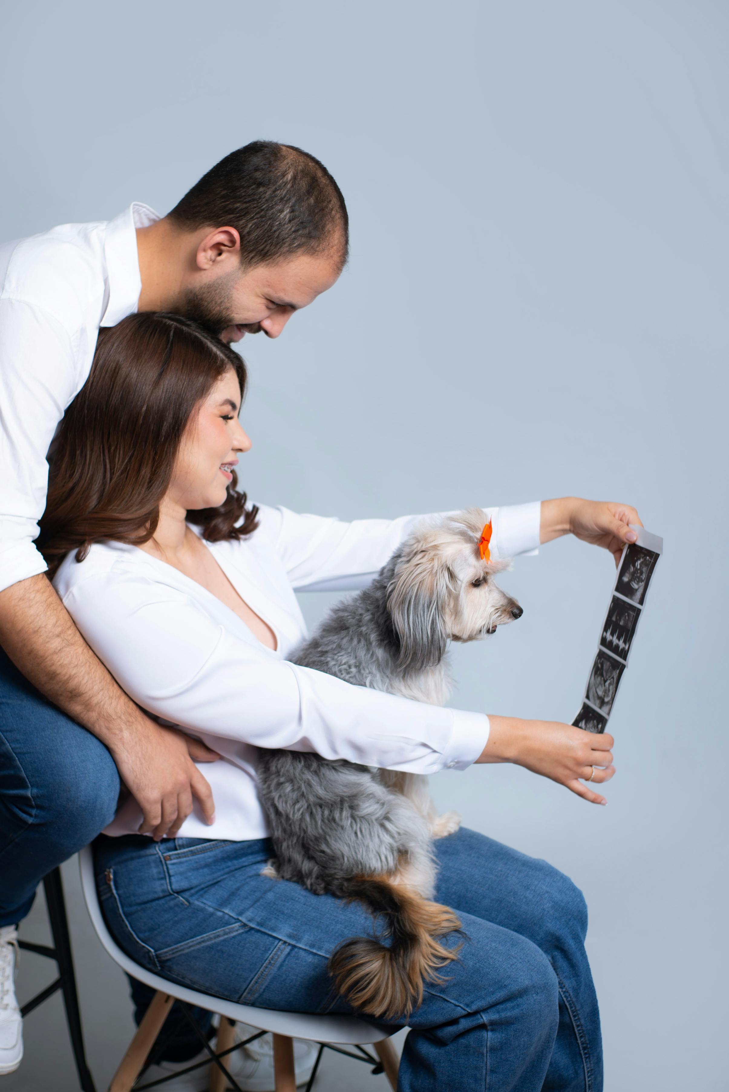 免費 一對夫婦帶著他們的狗高興地看超音波檢查，展現出家庭和期待。 圖庫相片