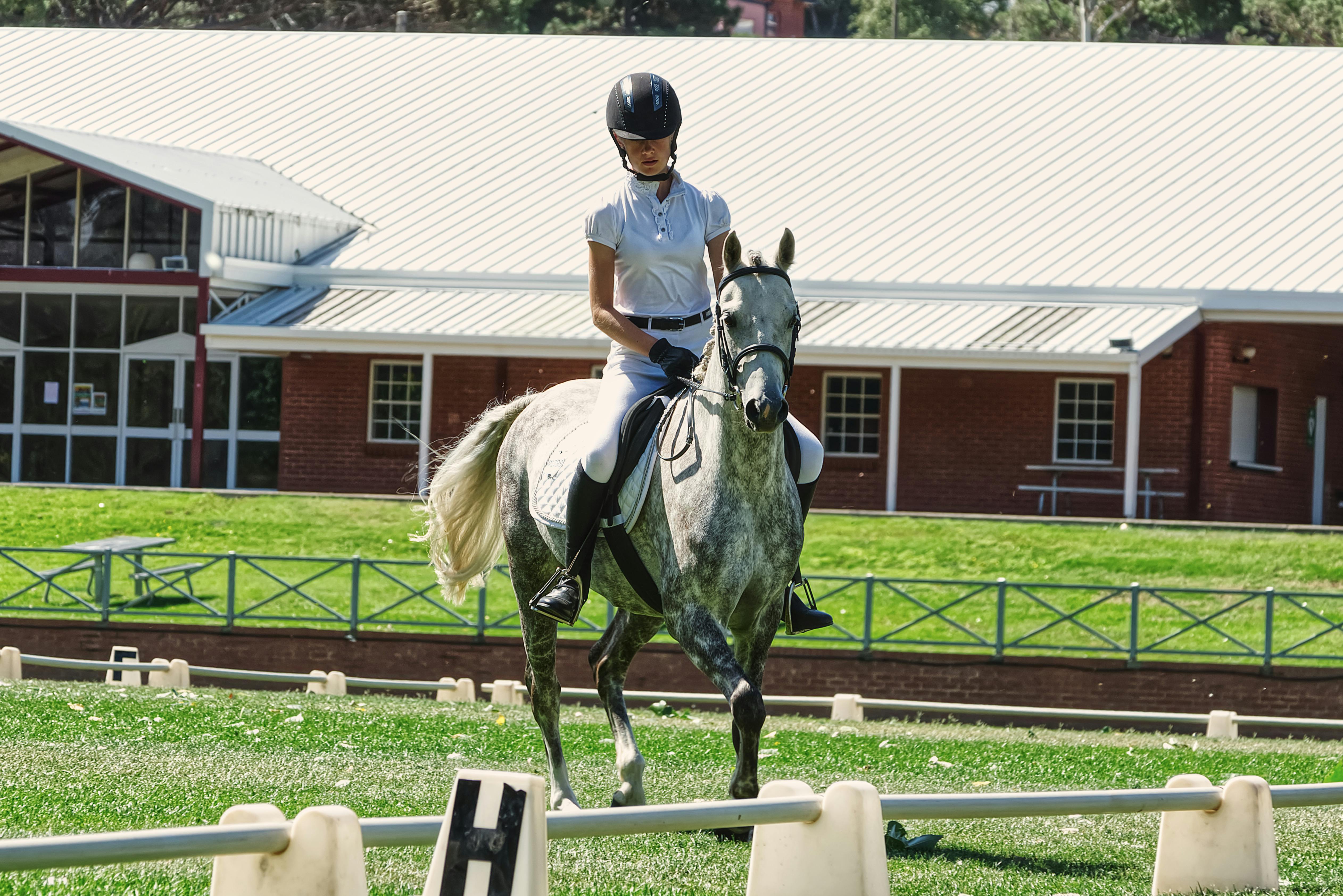 Equestrian rider in helmet and uniform performing outdoors on a grey horse near a stable building.